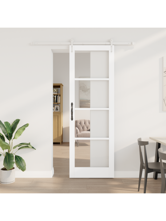 Libisev uks koos varustuskomplektiga valge 78x232 cm massiivpuust mänd